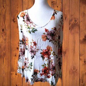 Staccato Women's Large Long Sleeve Floral Blouse with Crochet Lace Back Accents